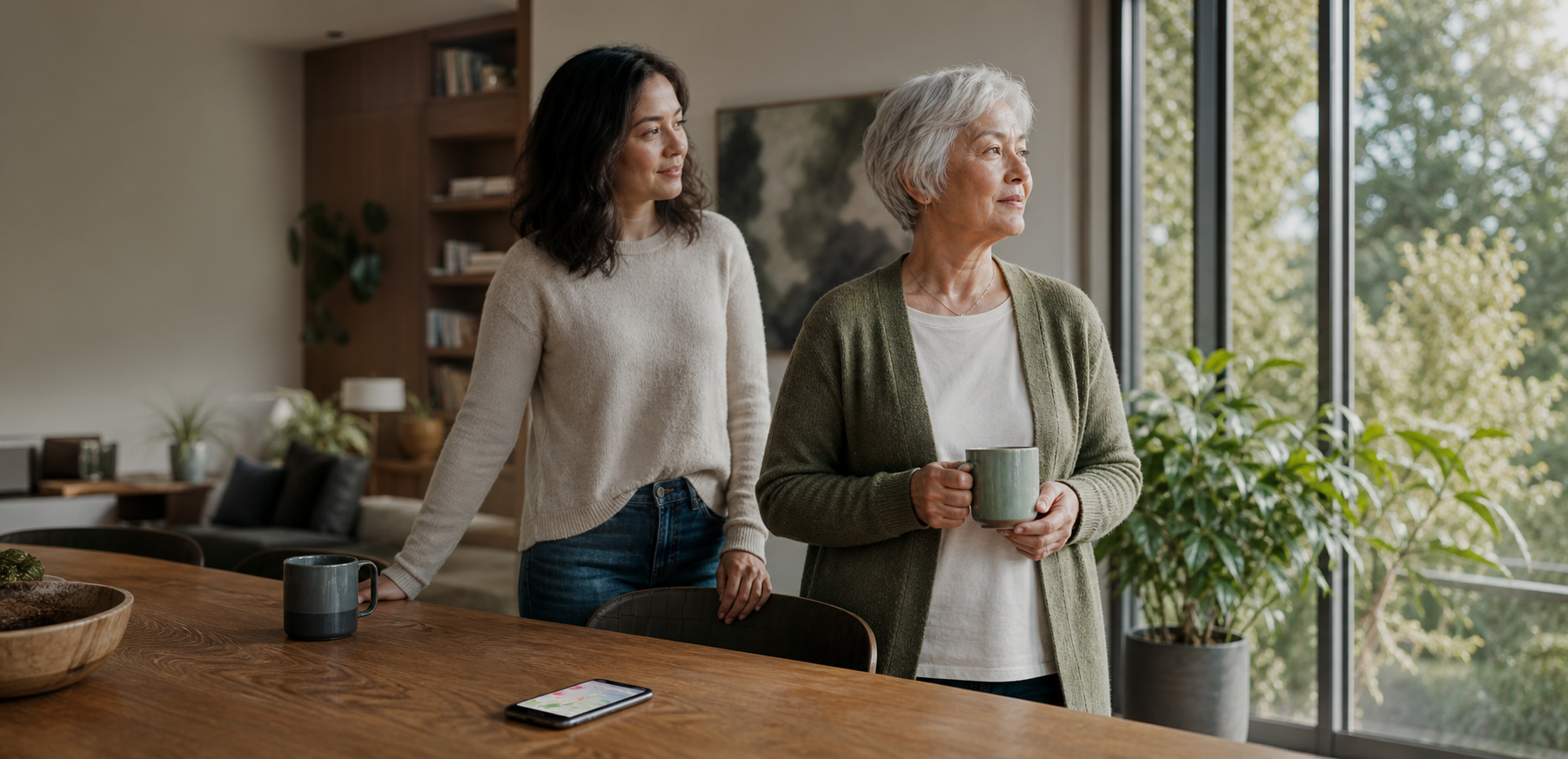 An older adult and family member in a warm home setting